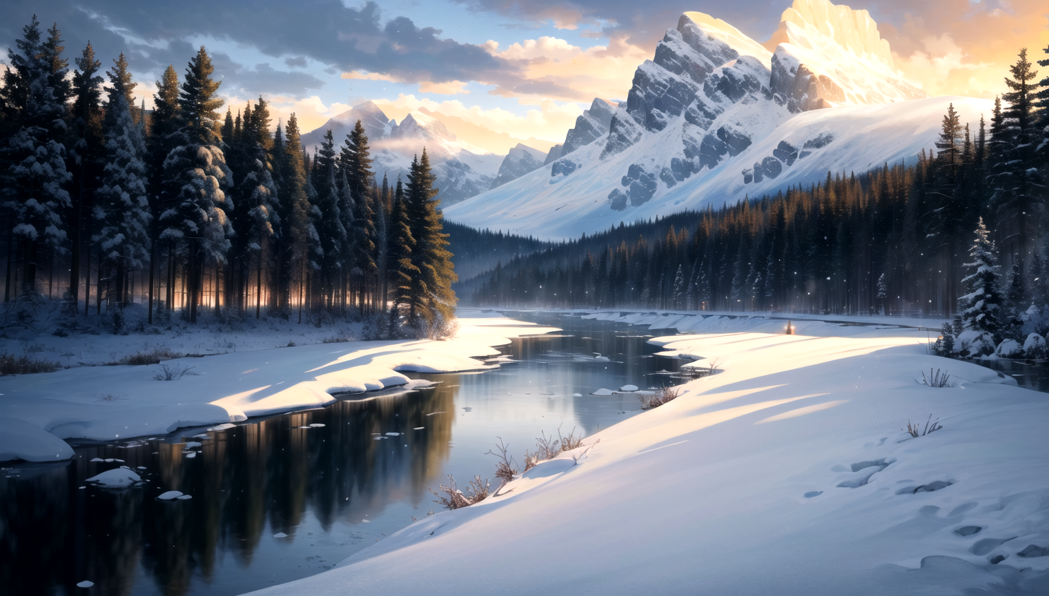 masterpiece, best quality, ultra-detailed, beautiful lighting, incredible landscape, masterpiece, snowy covered mountains,...